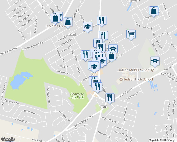 map of restaurants, bars, coffee shops, grocery stores, and more near 107 School Street in Converse