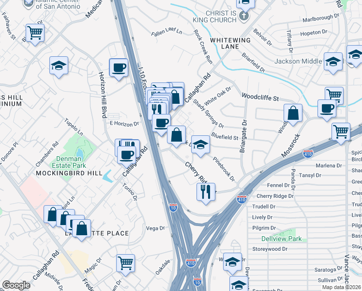map of restaurants, bars, coffee shops, grocery stores, and more near 8058 Vantage Drive in San Antonio