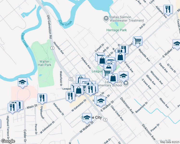 map of restaurants, bars, coffee shops, grocery stores, and more near 311 Perkins Avenue in League City