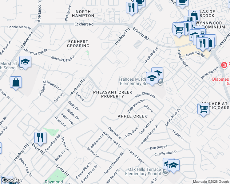 map of restaurants, bars, coffee shops, grocery stores, and more near 6155 Heritage Place Drive in San Antonio