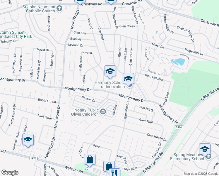 map of restaurants, bars, coffee shops, grocery stores, and more near 7047 Montgomery Drive in San Antonio
