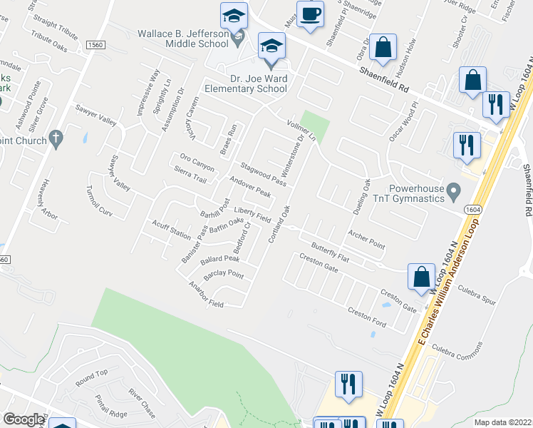 map of restaurants, bars, coffee shops, grocery stores, and more near 11006 Badger Peak in San Antonio