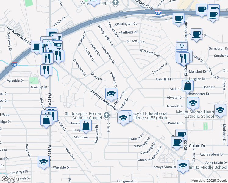 map of restaurants, bars, coffee shops, grocery stores, and more near 103 Shalimar Drive in Castle Hills