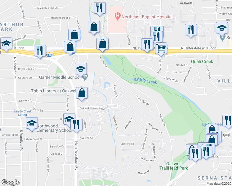 map of restaurants, bars, coffee shops, grocery stores, and more near Laurens Lane in San Antonio