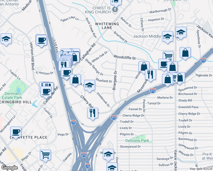 map of restaurants, bars, coffee shops, grocery stores, and more near 3119 Tawny Oak Drive in San Antonio