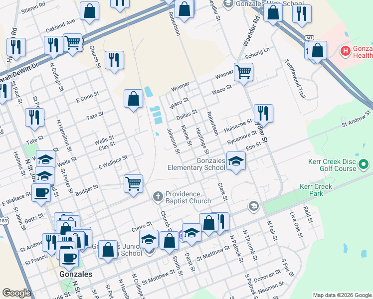 map of restaurants, bars, coffee shops, grocery stores, and more near 1313 Robinson Street in Gonzales
