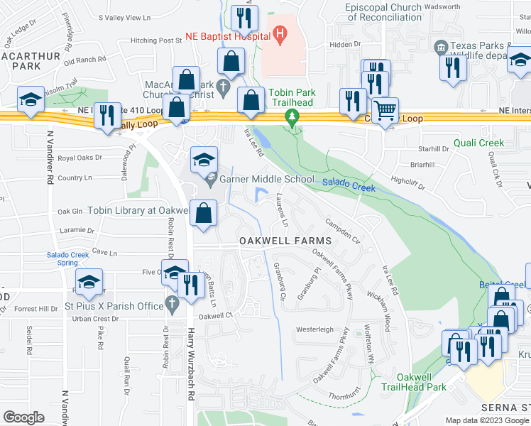 map of restaurants, bars, coffee shops, grocery stores, and more near 8501 Laurens Lane in San Antonio