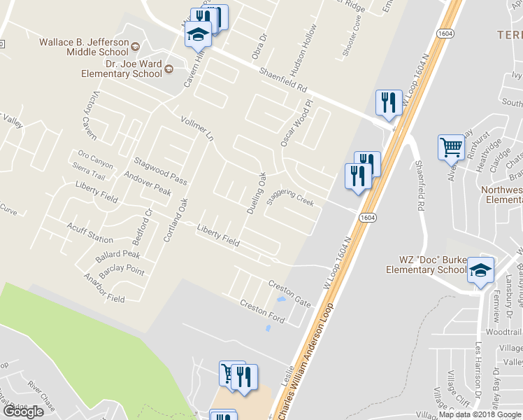 map of restaurants, bars, coffee shops, grocery stores, and more near 10743 Staggering Creek in San Antonio