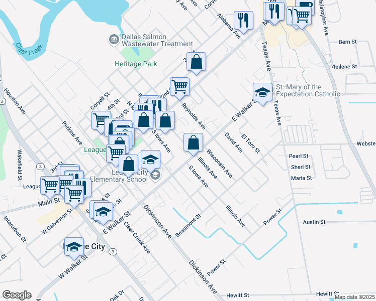 map of restaurants, bars, coffee shops, grocery stores, and more near 313 Illinois Avenue in League City