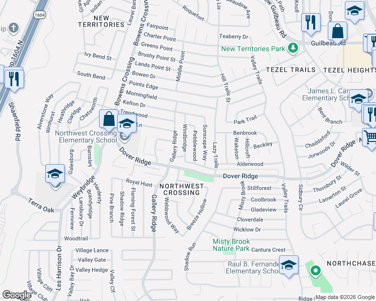 map of restaurants, bars, coffee shops, grocery stores, and more near 7322 Windbridge in San Antonio