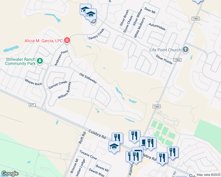 map of restaurants, bars, coffee shops, grocery stores, and more near 7647 McKinney Hills in San Antonio