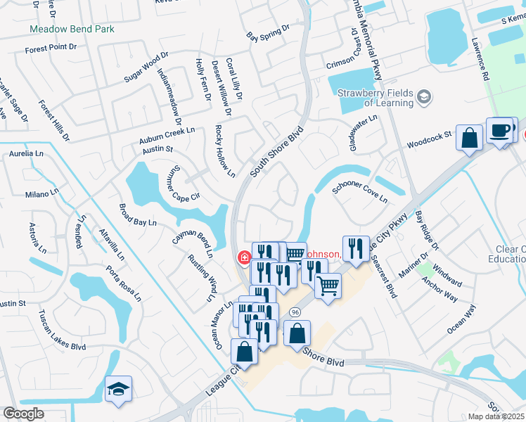 map of restaurants, bars, coffee shops, grocery stores, and more near 2965 Rustic Pier Lane in League City