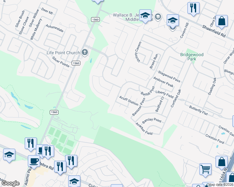 map of restaurants, bars, coffee shops, grocery stores, and more near 11427 Liberty Field in San Antonio