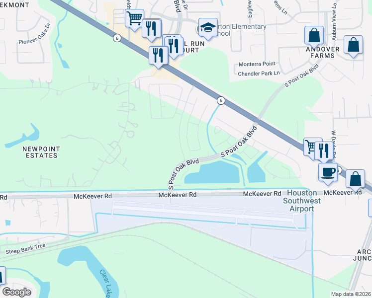 map of restaurants, bars, coffee shops, grocery stores, and more near South Post Oak Boulevard in Arcola