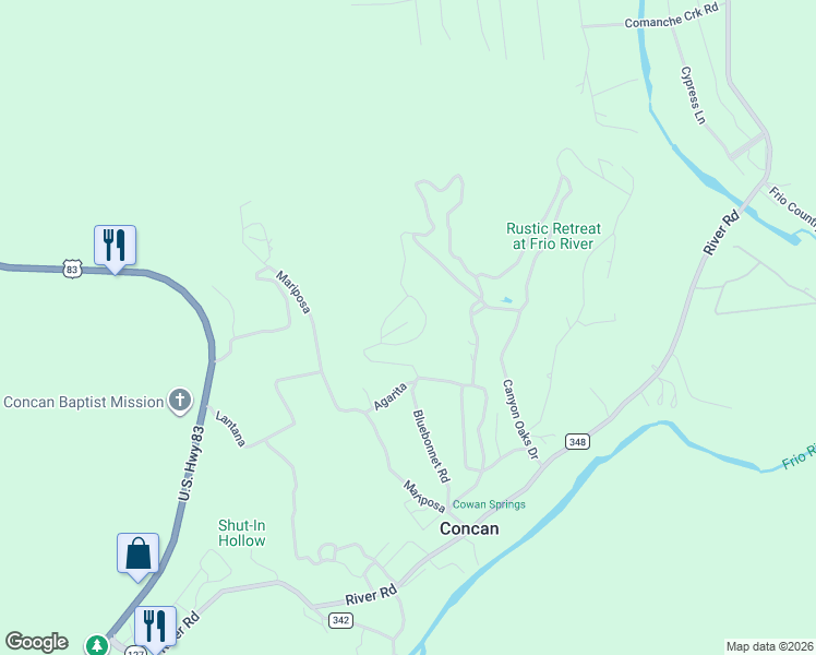 map of restaurants, bars, coffee shops, grocery stores, and more near 555 Agarita in Concan