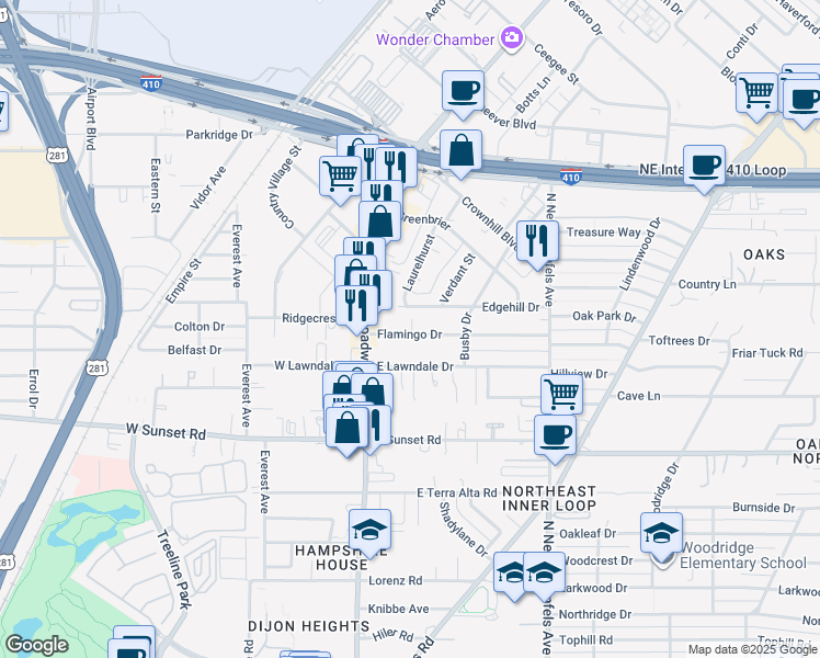 map of restaurants, bars, coffee shops, grocery stores, and more near 1861 Flamingo Drive in San Antonio