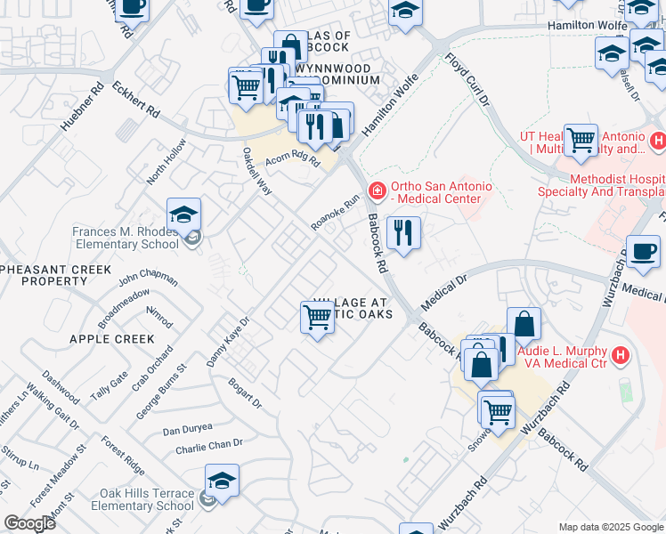 map of restaurants, bars, coffee shops, grocery stores, and more near 7703 Wexford Square in San Antonio