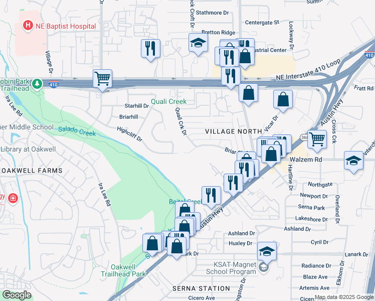 map of restaurants, bars, coffee shops, grocery stores, and more near 4018 Briar Glen in San Antonio