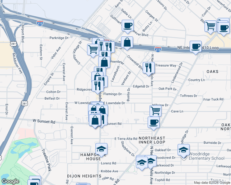 map of restaurants, bars, coffee shops, grocery stores, and more near 1861 Flamingo Drive in San Antonio