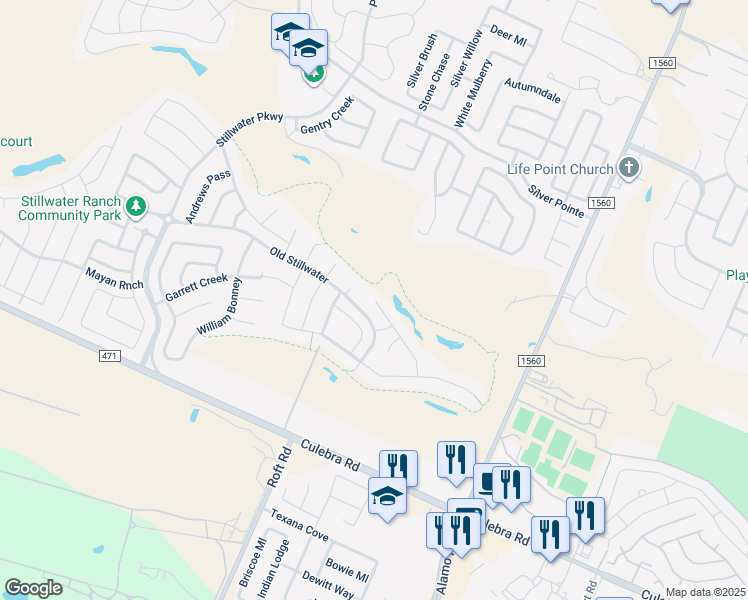 map of restaurants, bars, coffee shops, grocery stores, and more near 7636 McKinney Hills in San Antonio
