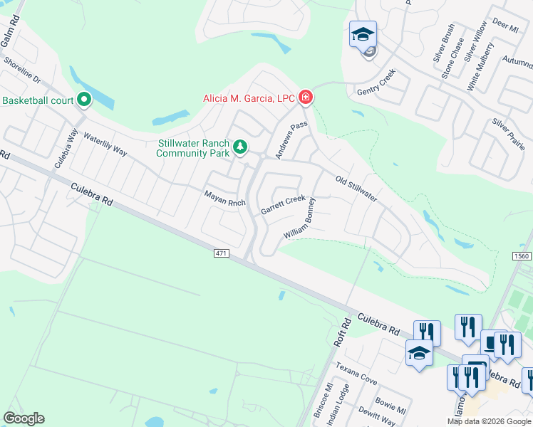 map of restaurants, bars, coffee shops, grocery stores, and more near 7642 Kings Spring in San Antonio