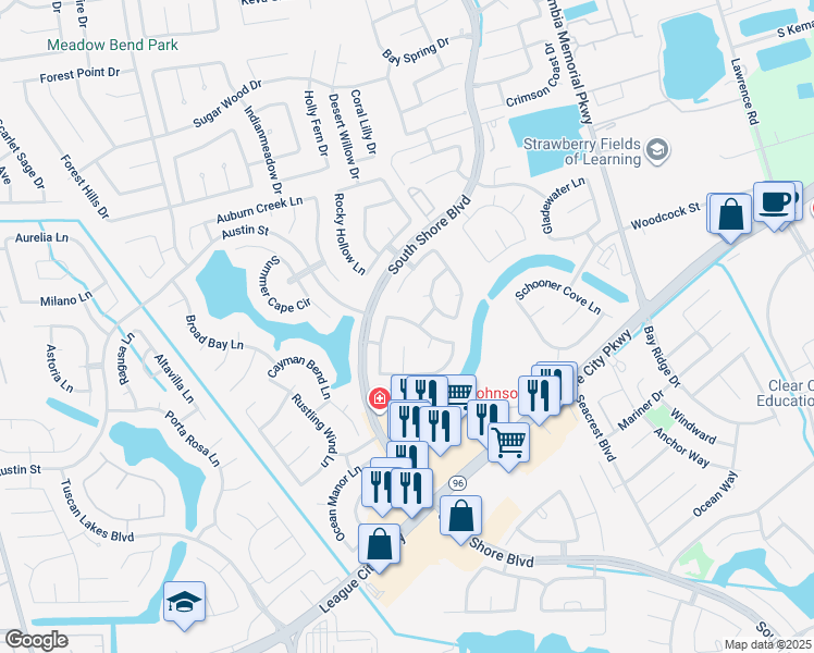 map of restaurants, bars, coffee shops, grocery stores, and more near 2965 Rustic Pier Lane in League City