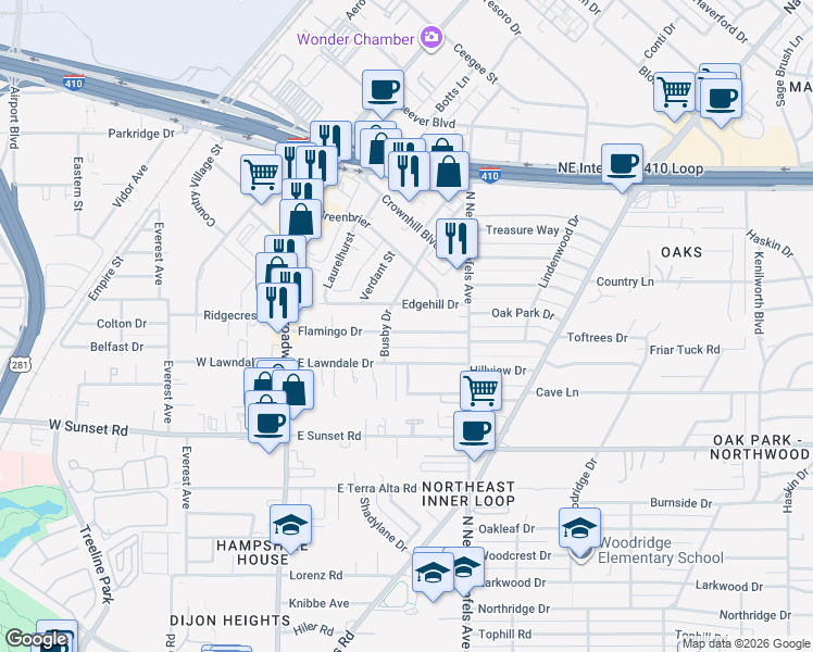 map of restaurants, bars, coffee shops, grocery stores, and more near 2015 Flamingo Drive in San Antonio