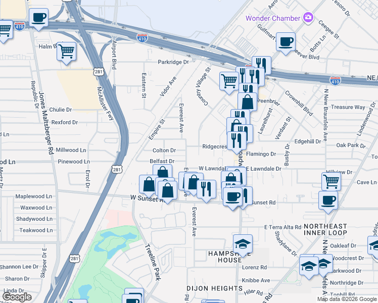 map of restaurants, bars, coffee shops, grocery stores, and more near 720 Everest Street in San Antonio
