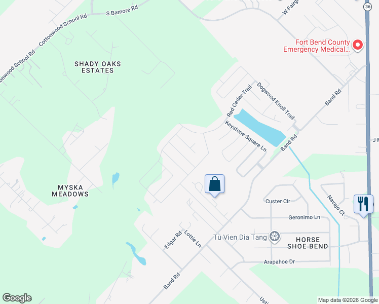 map of restaurants, bars, coffee shops, grocery stores, and more near 3002 Country Clearing Lane in Rosenberg