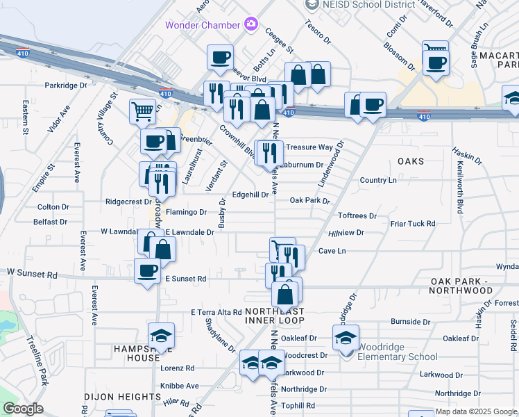 map of restaurants, bars, coffee shops, grocery stores, and more near 2111 Flamingo Drive in San Antonio