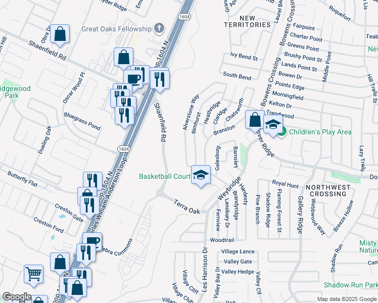 map of restaurants, bars, coffee shops, grocery stores, and more near 7434 Alverstone Way in San Antonio