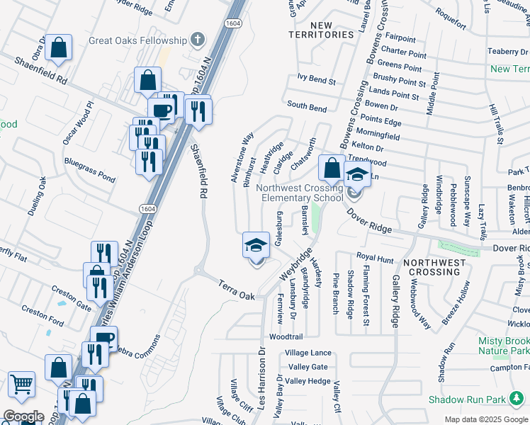 map of restaurants, bars, coffee shops, grocery stores, and more near 7450 Branston in San Antonio