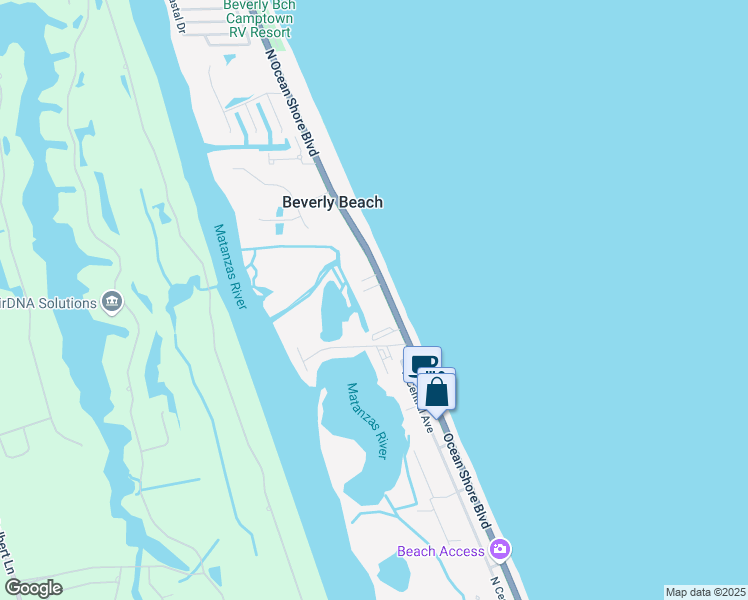 map of restaurants, bars, coffee shops, grocery stores, and more near 2450 North Oceanshore Boulevard in Beverly Beach