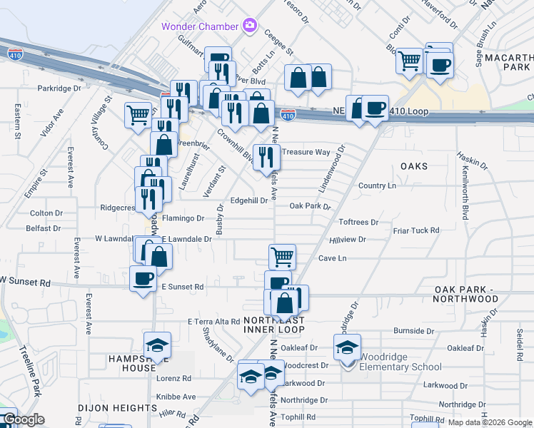 map of restaurants, bars, coffee shops, grocery stores, and more near 2119 Flamingo Drive in San Antonio