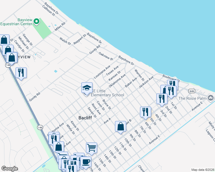 map of restaurants, bars, coffee shops, grocery stores, and more near 514 Oklahoma Avenue in Bacliff
