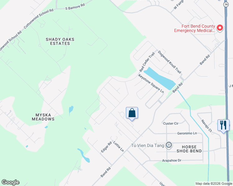map of restaurants, bars, coffee shops, grocery stores, and more near 3002 Country Clearing Lane in Rosenberg