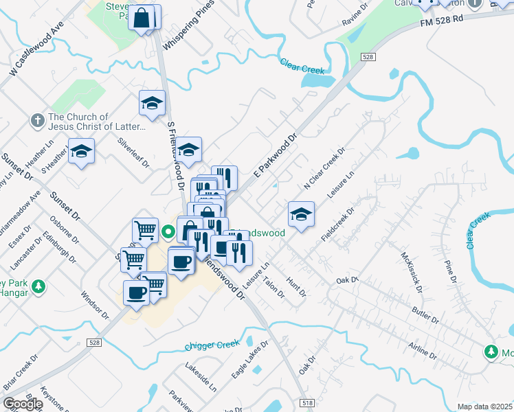 map of restaurants, bars, coffee shops, grocery stores, and more near 305 Parkwood Village Drive in Friendswood