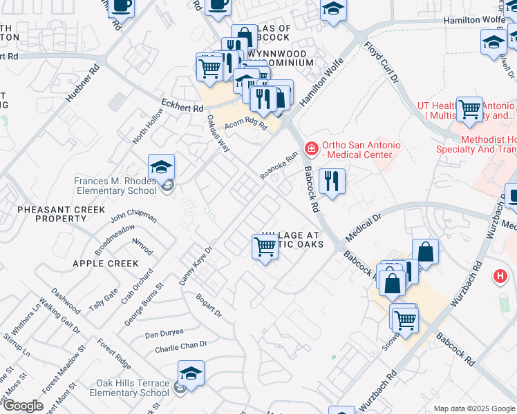 map of restaurants, bars, coffee shops, grocery stores, and more near 7731 Wexford Grove in San Antonio