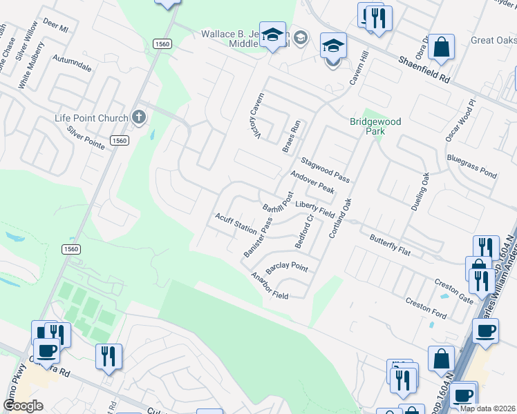 map of restaurants, bars, coffee shops, grocery stores, and more near 7506 Barhill Post in San Antonio