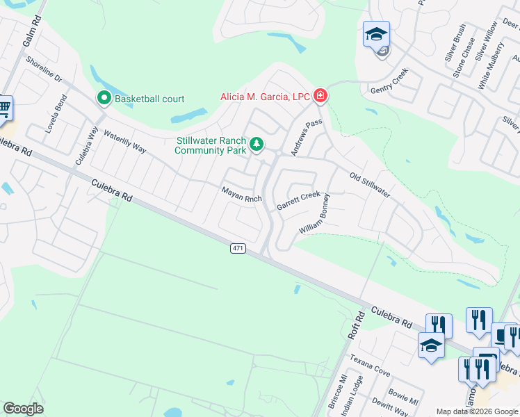 map of restaurants, bars, coffee shops, grocery stores, and more near 7638 Ruger Ranch in San Antonio