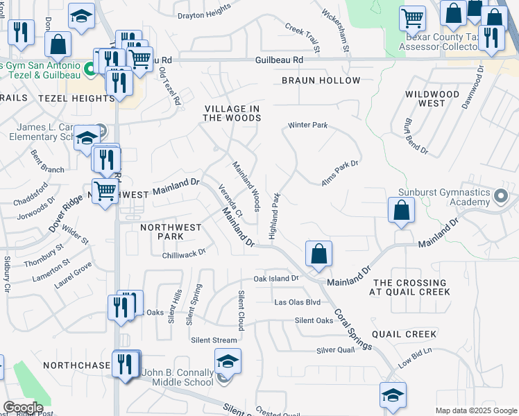 map of restaurants, bars, coffee shops, grocery stores, and more near 7824 Mainland Woods in San Antonio