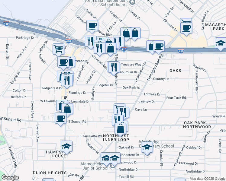 map of restaurants, bars, coffee shops, grocery stores, and more near 2111 Flamingo Drive in San Antonio