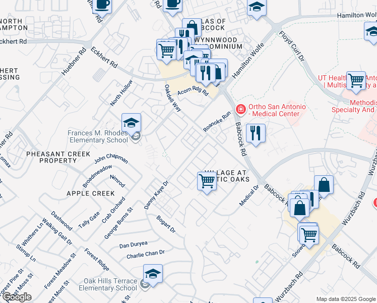 map of restaurants, bars, coffee shops, grocery stores, and more near 6020 Danny Kaye Drive in San Antonio