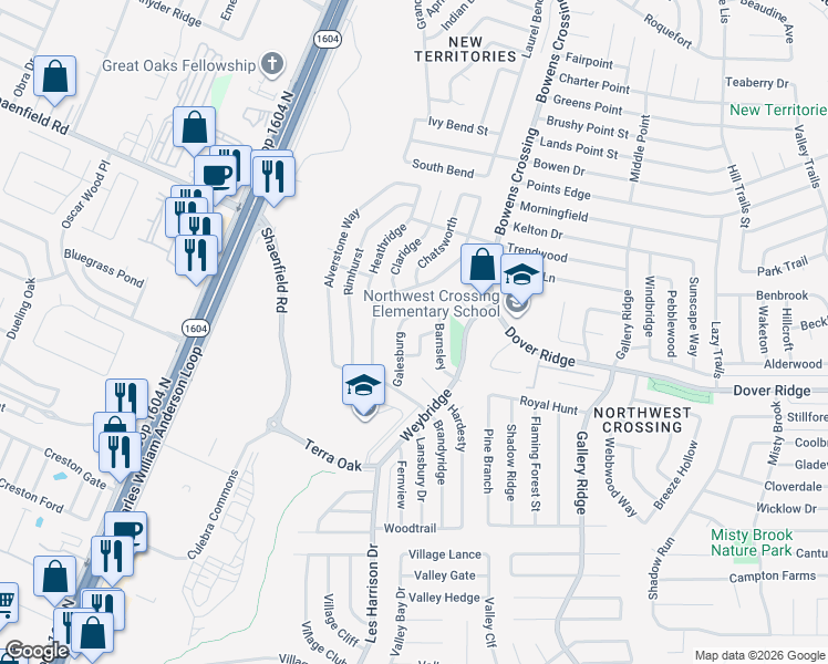 map of restaurants, bars, coffee shops, grocery stores, and more near 10127 Inridge in San Antonio