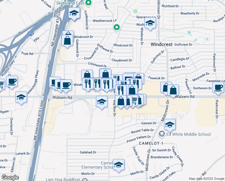 map of restaurants, bars, coffee shops, grocery stores, and more near 8220 Rough Rider Drive in Windcrest