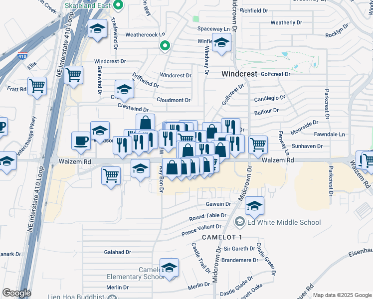 map of restaurants, bars, coffee shops, grocery stores, and more near 5235 Walzem Road in San Antonio