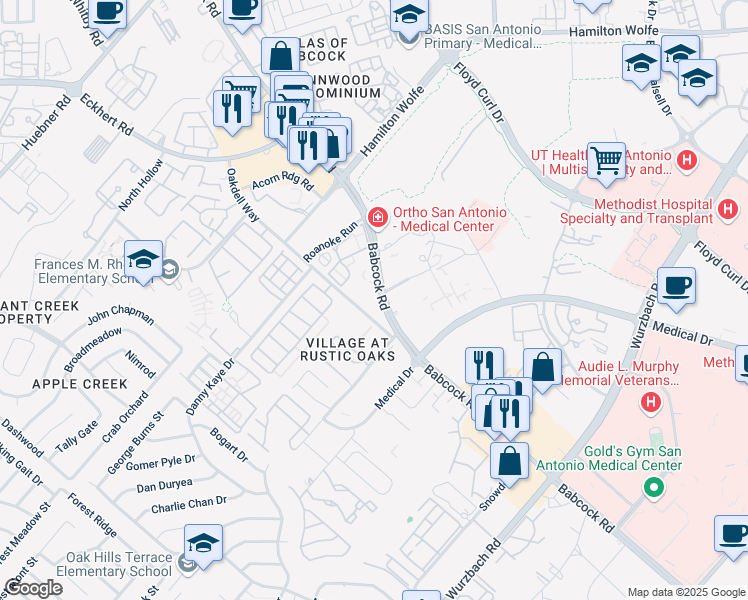 map of restaurants, bars, coffee shops, grocery stores, and more near 2810 Babcock Road in San Antonio