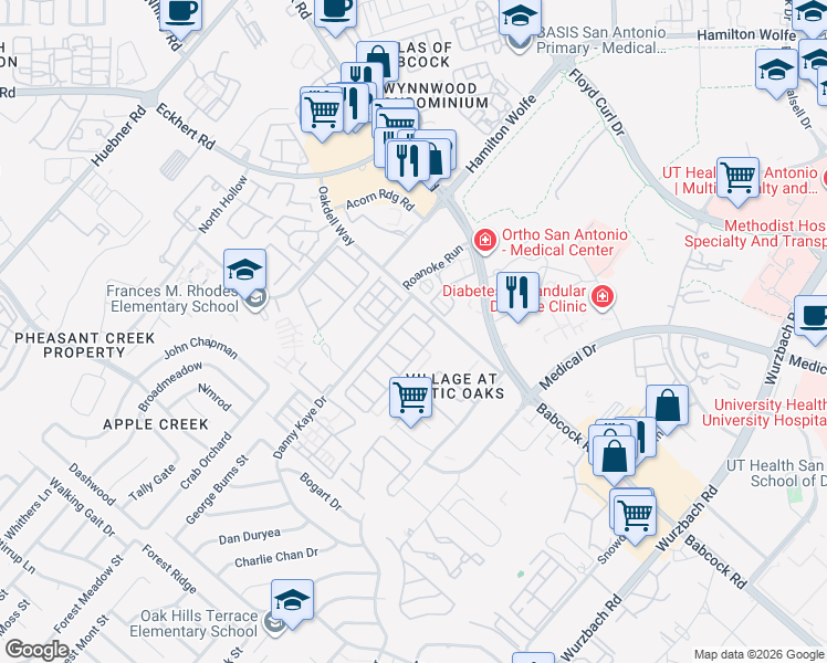 map of restaurants, bars, coffee shops, grocery stores, and more near 7731 Wexford Grove in San Antonio