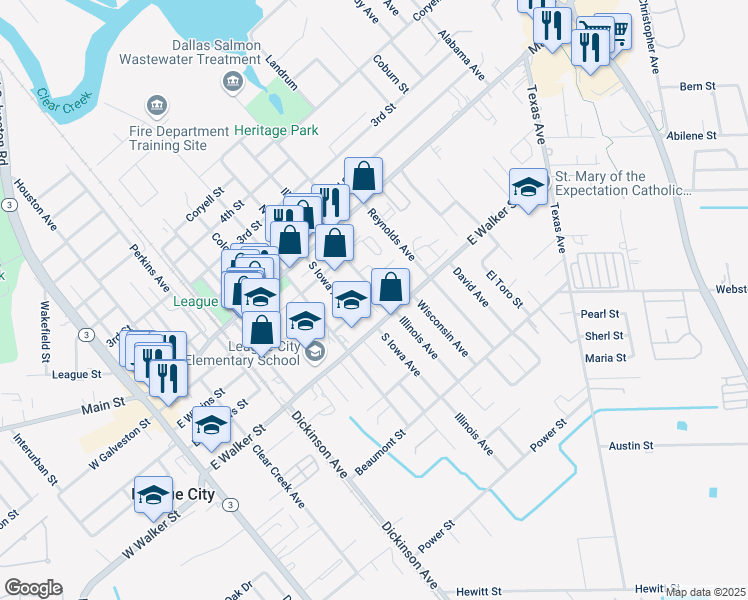 map of restaurants, bars, coffee shops, grocery stores, and more near 313 Illinois Avenue in League City
