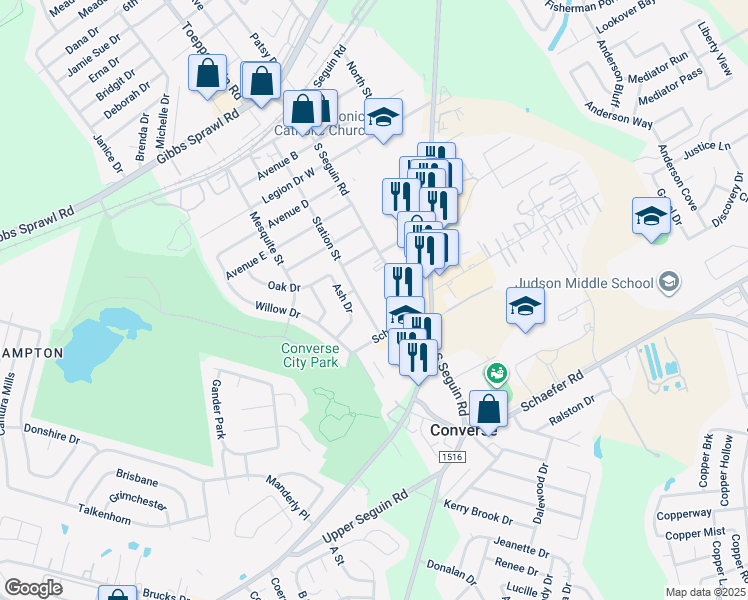 map of restaurants, bars, coffee shops, grocery stores, and more near 107 School Street in Converse